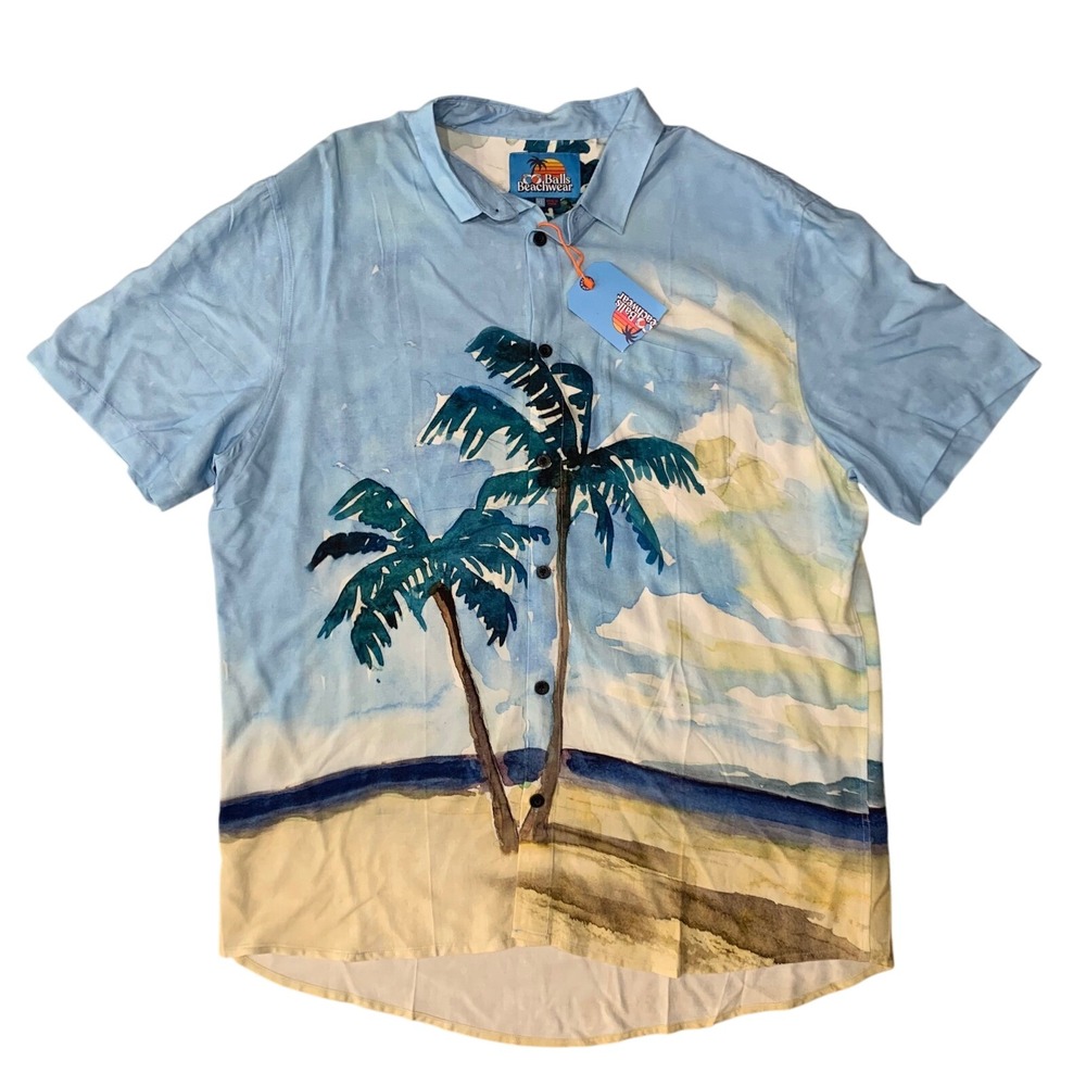 Balls Beachwear Palm Tree Beach Scene Shirt Men's XL Blue Tan Viscose‎ NWT